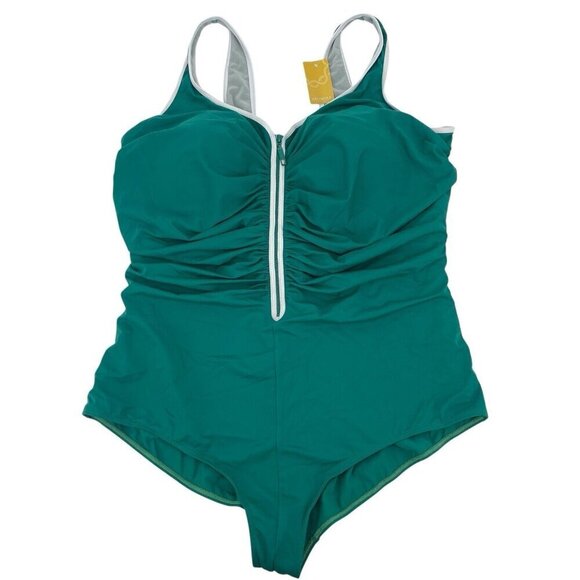 Delimira Plus Size 24 Dark Green Zipper Front One Piece Swimsuit NWT - Picture 1 of 10